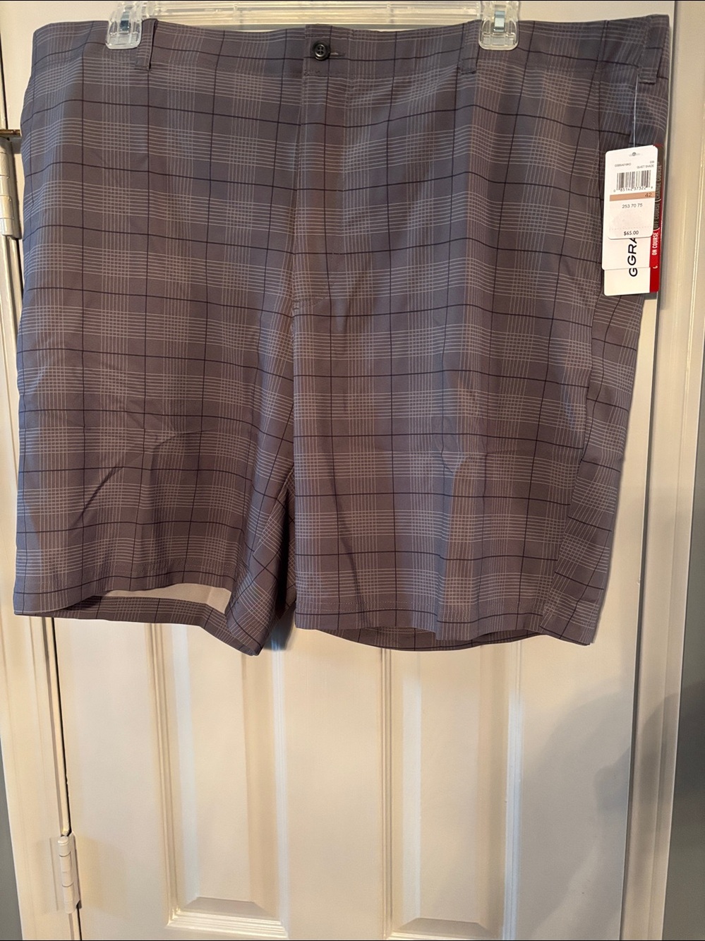 Grand Slam Quiet Shade Gray Plaid Performance Stretch Golf Shorts NWT